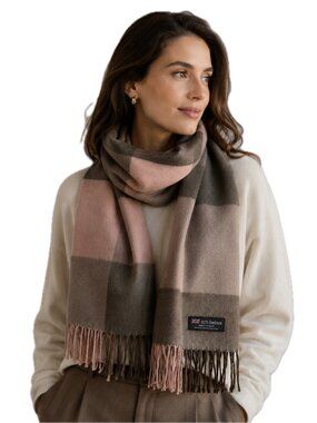 Scotland Cashmere Scarf Soft Pink Taupe Gray Plaid Fringed Ends  NEW
